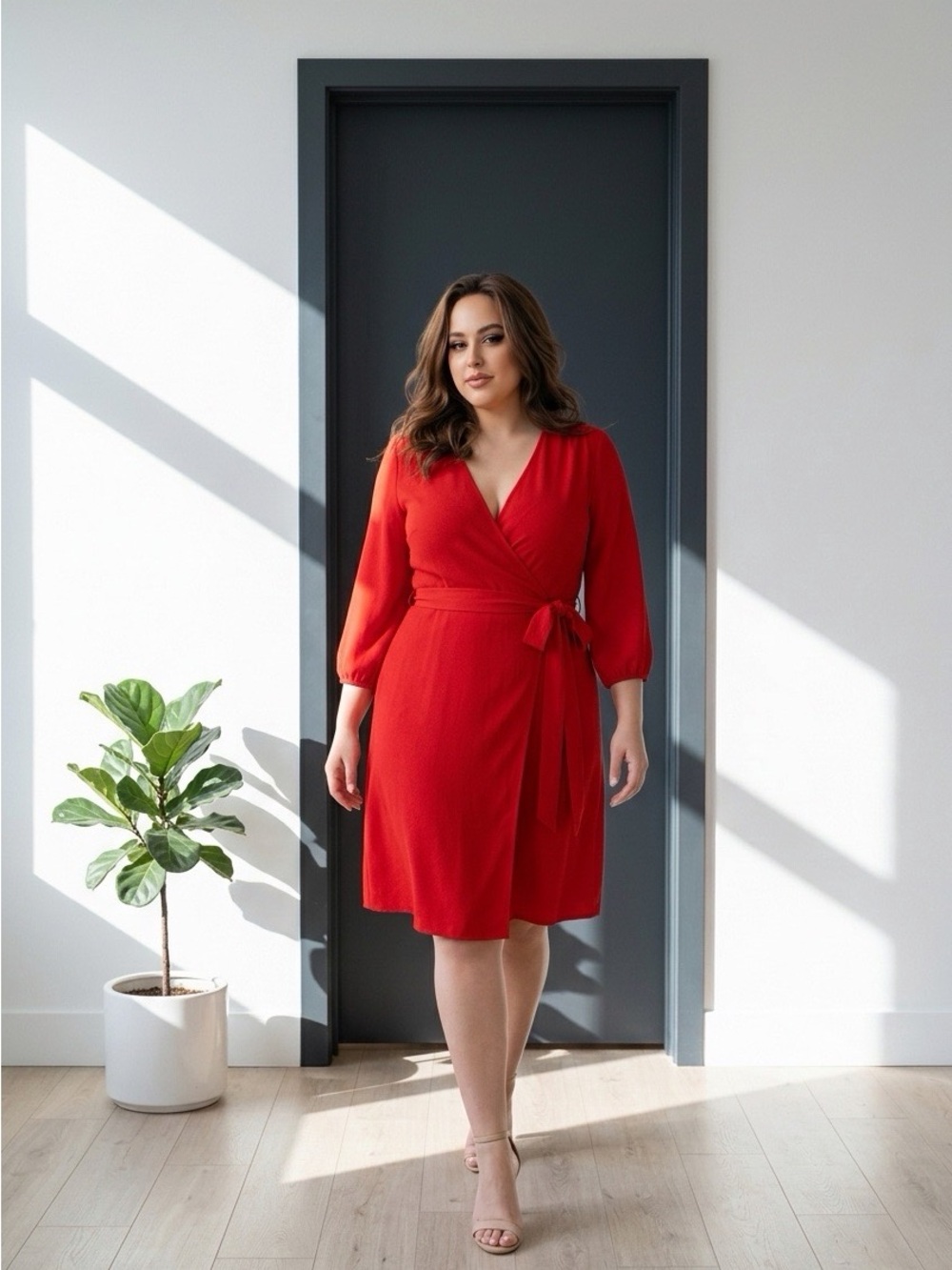 J. Crew Bright Red Wrap Midi Dress with Tie Waist